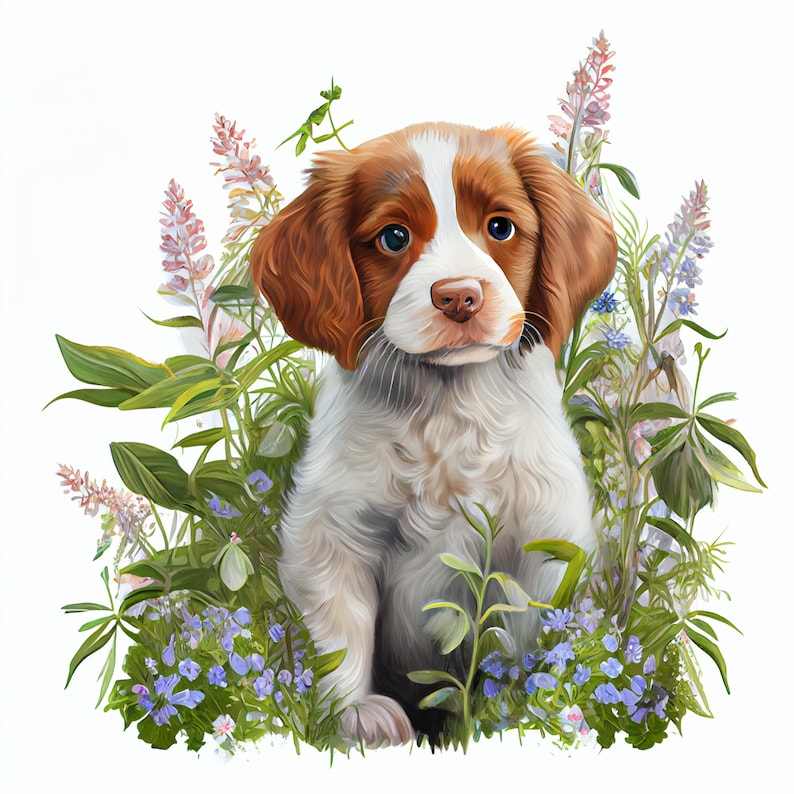 Brittany puppy digital painting in watercolor clipart