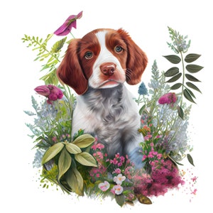 Adorable Brittany puppy clipart with a digital watercolor touch