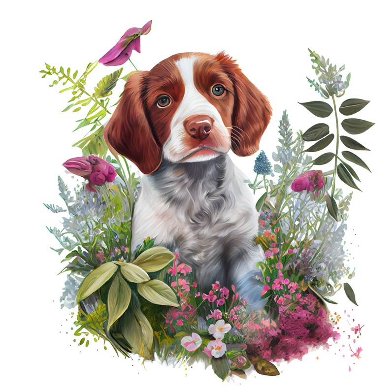 Adorable Brittany puppy clipart with a digital watercolor touch