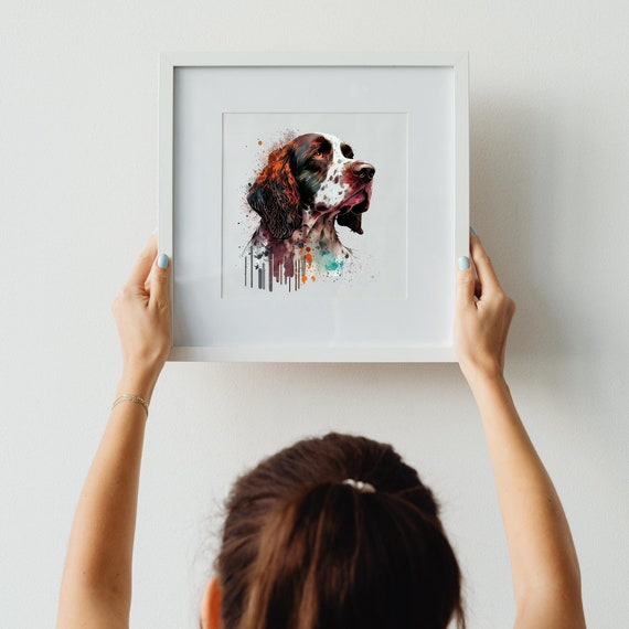 English Springer Spaniel Dog Watercolor Portrait PNG, Pet Digital