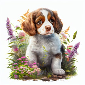 High-quality digital watercolor clipart of a Brittany pup