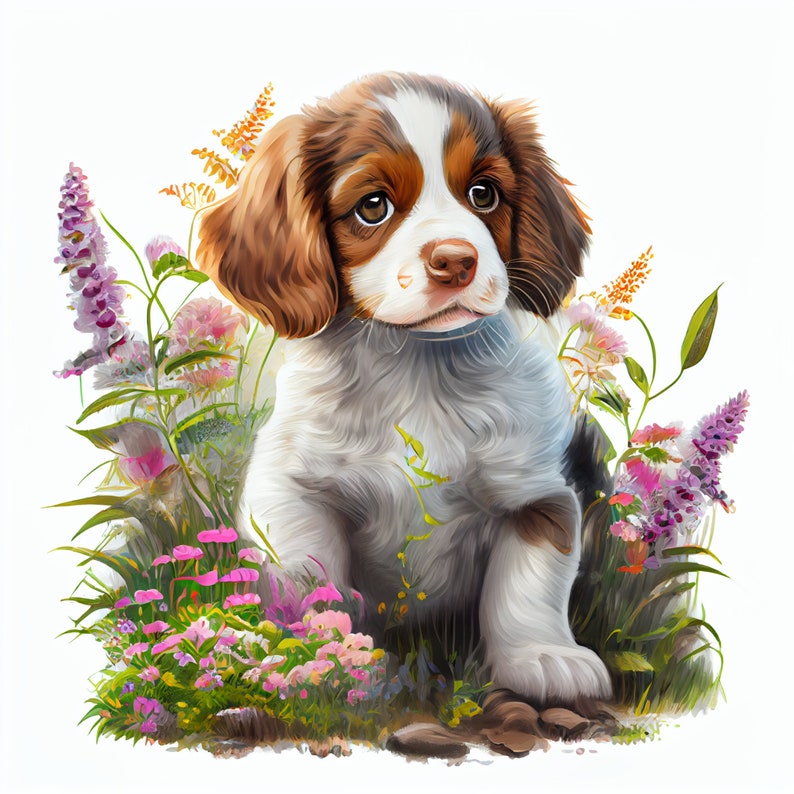 High-quality digital watercolor clipart of a Brittany pup