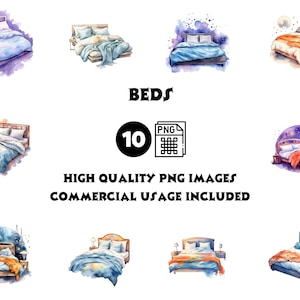 Watercolor Beds Clipart Bundle – 10 Hand-Painted Bed PNGs for Wedding & Home Decor