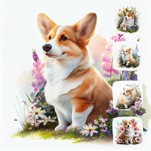 Pacchetto di clipart acquerellate di cuccioli di Pembroke Welsh Corgi - 18 JPG ad alta risoluzione