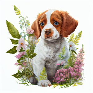 Detailed digital watercolor artwork of a Brittany pup