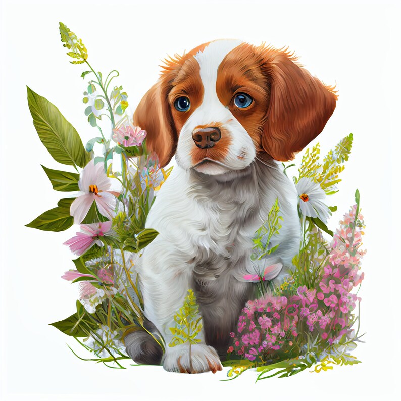Detailed digital watercolor artwork of a Brittany pup
