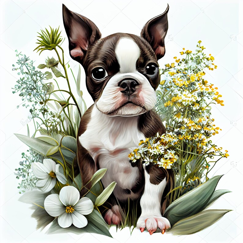 Boston Terrier Puppy Digital Painting Clipart, Boston Terrier Printable ...