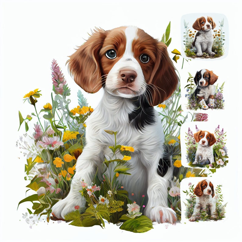 Brittany Spaniel puppy clipart bundle with 18 high-resolution watercolor JPG illustrations for crafts and décor