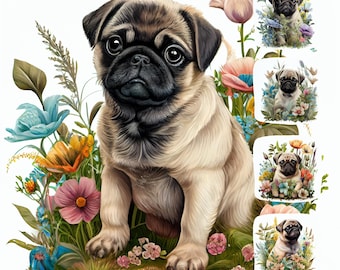 Pug Puppy Watercolor Clipart Bundle, 17 Dog PNG JPG, Cute Pet Illustration