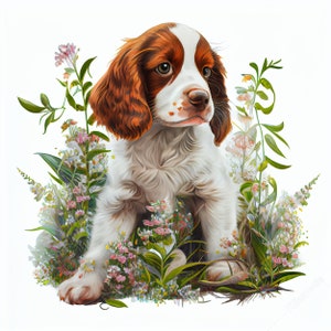Digital watercolor illustration of a lovable Brittany puppy