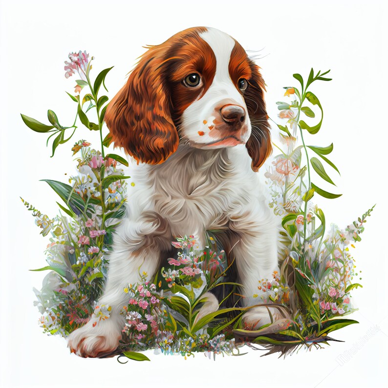 Digital watercolor illustration of a lovable Brittany puppy