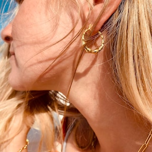 Hoop earrings, earrings, hoops, bamboo, 18 k gold plated, 18 carat, gold, brass, simple, bamboo, minimalist, minimal, hoop earrings