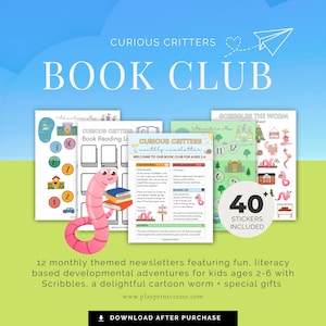 Idea de regalo temática para club de lectura infantil / Boletines informativos por correo: historias basadas en la literatura, actividades de aprendizaje y desarrollo + mapa de aventuras y calcomanías