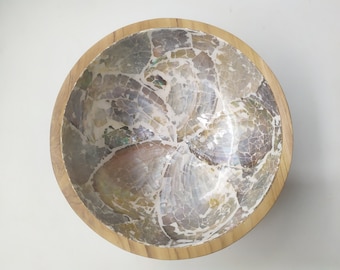 Decorative River White Abalone Round Jewelry Bowl - Teak Wood Key Dish , Catch All Coastal Decor