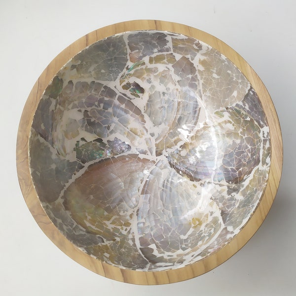 Decorative River White Abalone Round Jewelry Bowl - Teak Wood Key Dish , Catch All Coastal Decor