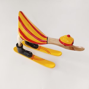 Hand Carved Skiing Duck Wood Figurine, Hand Painted Duck Wooden Sculpture, set of 2
