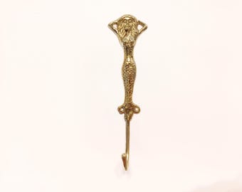 Mermaid brass wall hook, polished brass sea woman coat rack