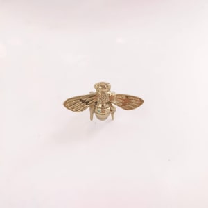 Könnte beinhalten: Ein goldfarbenes, bienenförmiges Dekorationsobjekt. Die Biene hat detaillierte Flügel und Körpersegmente und ist auf einem weißen Hintergrund positioniert. Dieser Artikel könnte als Dekorationselement oder Schmuckstück verwendet werden.