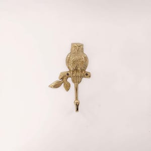 Owl on branch brass wall hook, polished brass night hoot coat rack
