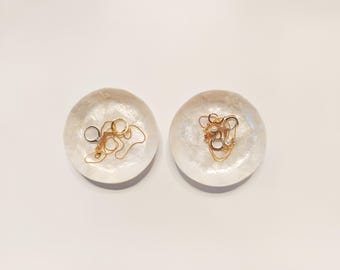 Round Soft Seashell Ring Dish - White Soft Mother of Pearl Trinket Plate, set of 2