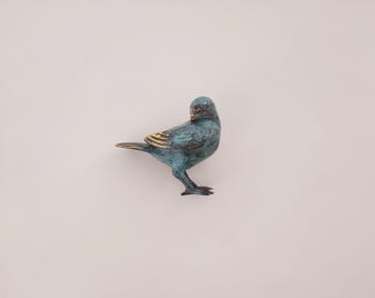 Brass Robin Bird Miniature - Antique Blue Brass Figurine