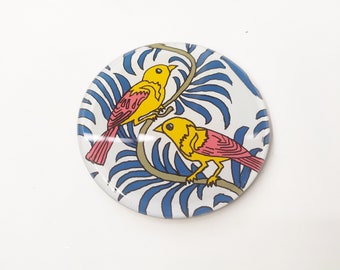 Glass Handpainted  Round Coaster - Yellow Finch , Mirror Coaster