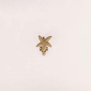 May include: A brass-colored starfish-shaped cabinet knob. The knob has a detailed starfish design with a textured surface. It is mounted on a rectangular base with a small decorative element below.