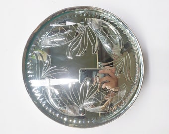 Glass Round Decorative Tray - Engraved Mirror Tray