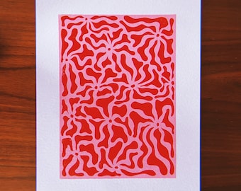 Fleurs (Pink + Red) - A4 Original Handmade Linocut Print, Wall Art