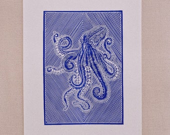 OCTOPUS | Blue | A3 | Original Linocut Print | Handmade Art Print | Wall Art | Wall Hanging | Wall Decor | Interior Design | GDSM.Prints