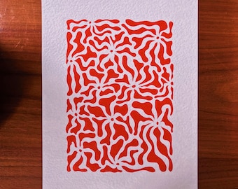 Fleurs (Red) - A4 Original Handmade Linocut Print, Wall Art