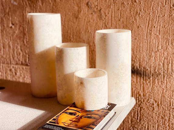 Sets of cylinder shape -  white Alabaster - 100 % by hand - natural stone - candle holder