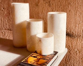 Sets of cylinder shape -  white Alabaster - 100 % by hand - natural stone - candle holder