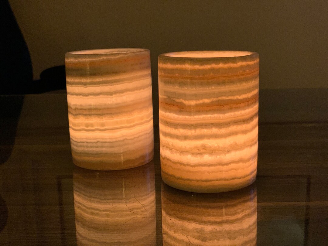 Set of Two Alabaster Candle Holder Unique Colors Beautiful Match Tea