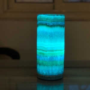 Blue Cylinder alabaster lamp / desk lamp / table lamp / white alabaster / Egyptian Alabaster