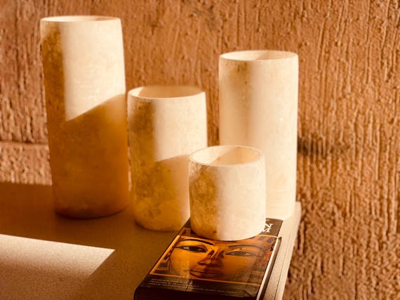 Sets of cylinder shape -  white Alabaster - 100 % by hand - natural stone - candle holder