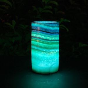 Blue Alabaster Lamp - cylinder shape - handmade - solid piece of stone