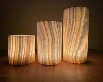 Egyptian Alabaster - candle holder  - Cylinder Shape - Natural Stone - Tealight Candle Holder - Handmade