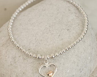 925 sterling silver beaded bracelet with heart within a heart charm