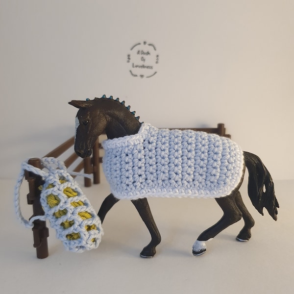 Hay Net and Rug Set for Schleich Horse| Selection of shades of blue | Schleich Tack| Crochet| 100% cotton|  Horses are not included