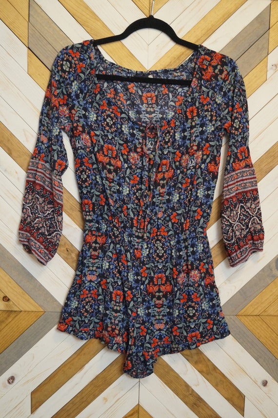 1970s Style Indian Print Hippie Jumpsuit Romper Si