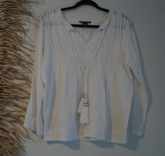 White Indian Gauze Hippie Blouse Size Medium Gem
