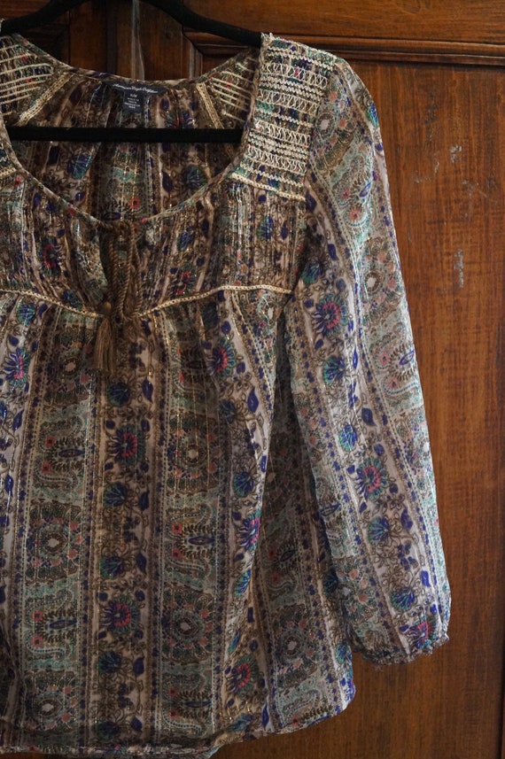 See Through Airy Indian Peasant Blouse, Metallic Thre… Gem