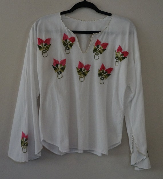 Heavily Embroidered Mexican Peasant Blouse Size M… - image 1