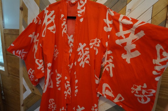 Bright Red Japanese Kimono Robe, Japanese Charact… - image 5