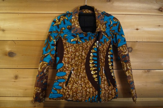 Dutch Wax Print Motorcycle Jacket XS, African Bird
