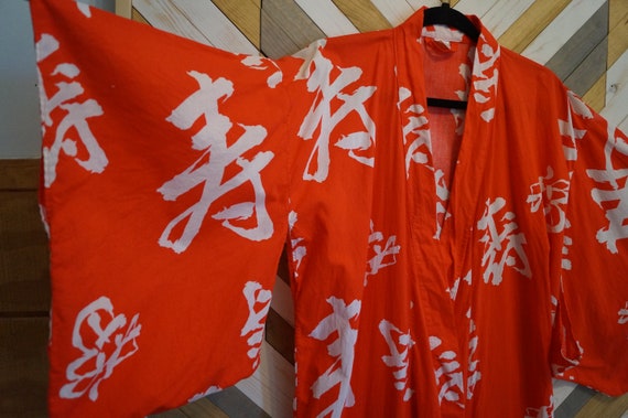 Bright Red Japanese Kimono Robe, Japanese Charact… - image 1