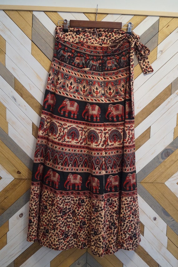 1970s Tribal Indian Print Hippie Maxi Wrap Skirt,