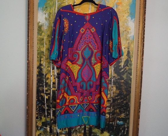 1980s Colorful Balloon Sleeve Dress, Vintage 1980s