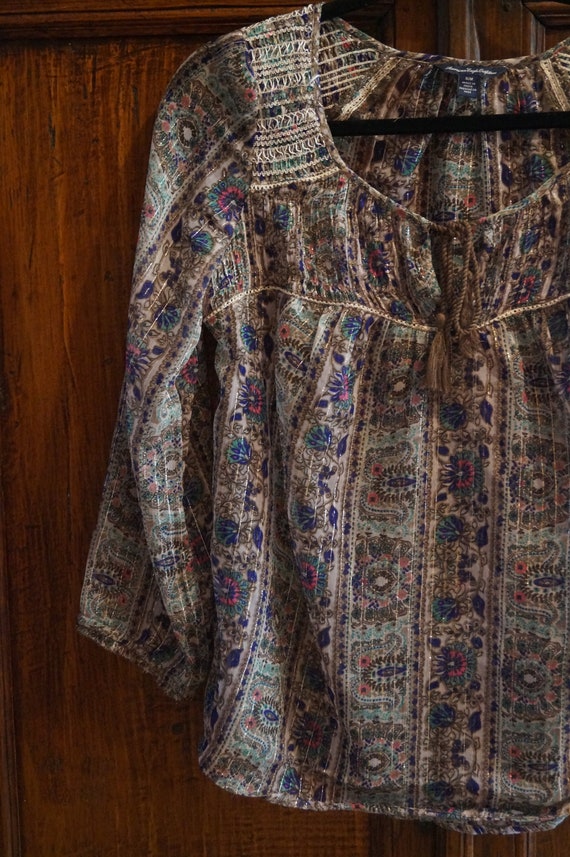 See Through Airy Indian Peasant Blouse, Metallic Thre… Gem